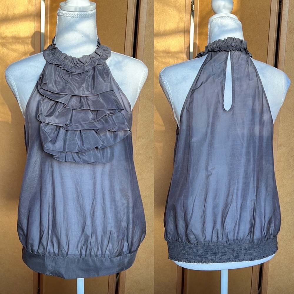 Dark gray gauzy cotton & silk top (Size M) w/ ruffled bib & smocked back waist